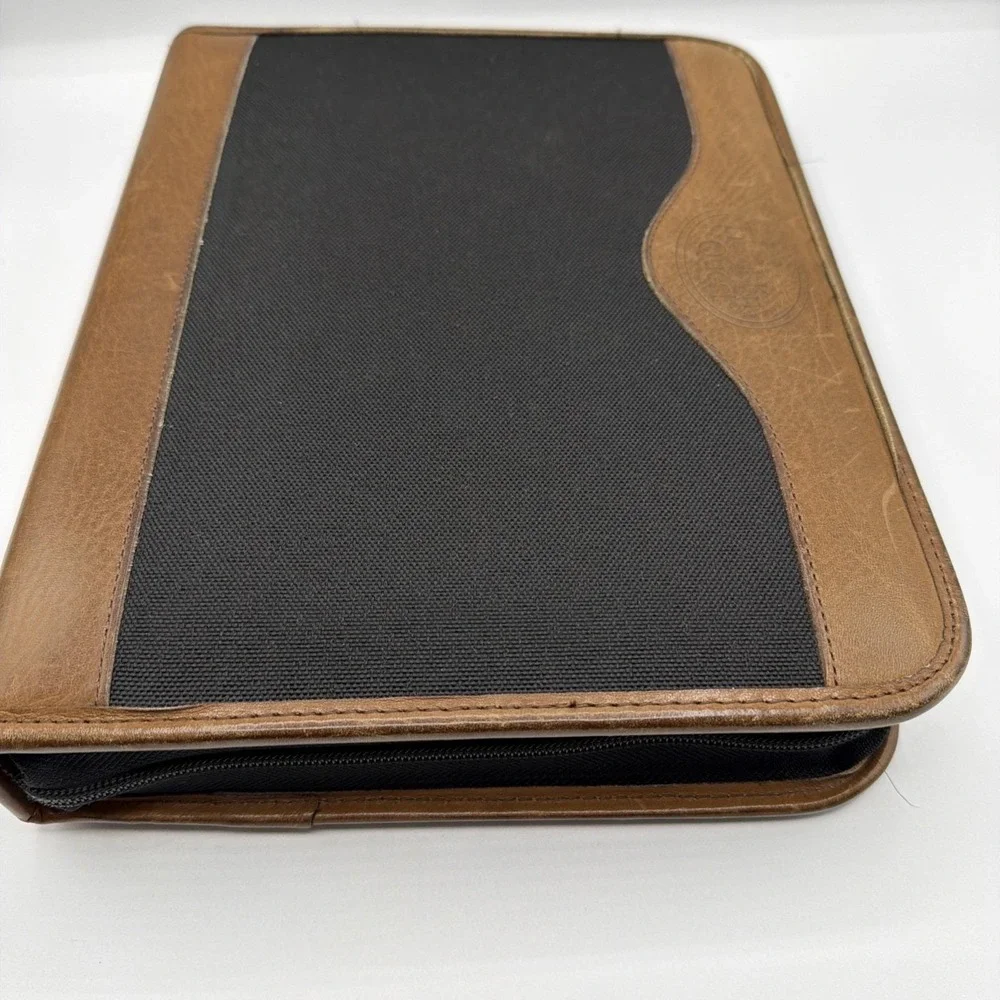Vtg. Franklin Quest ~Blk. Canvas/Brown Leather Trim ~Green Line Planner Zip